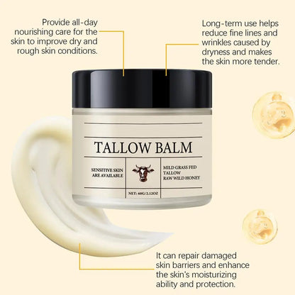 Organic Grass-Fed Beef Tallow Balm with Raw Honey - Moisturizing Cream for Soft, Smooth Skin